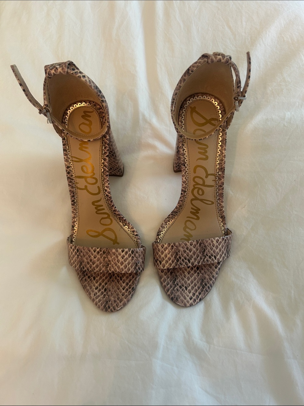Sam Edelman Taupe Snake-Print Ankle-Strap Block Heels - Picture 1 of 4